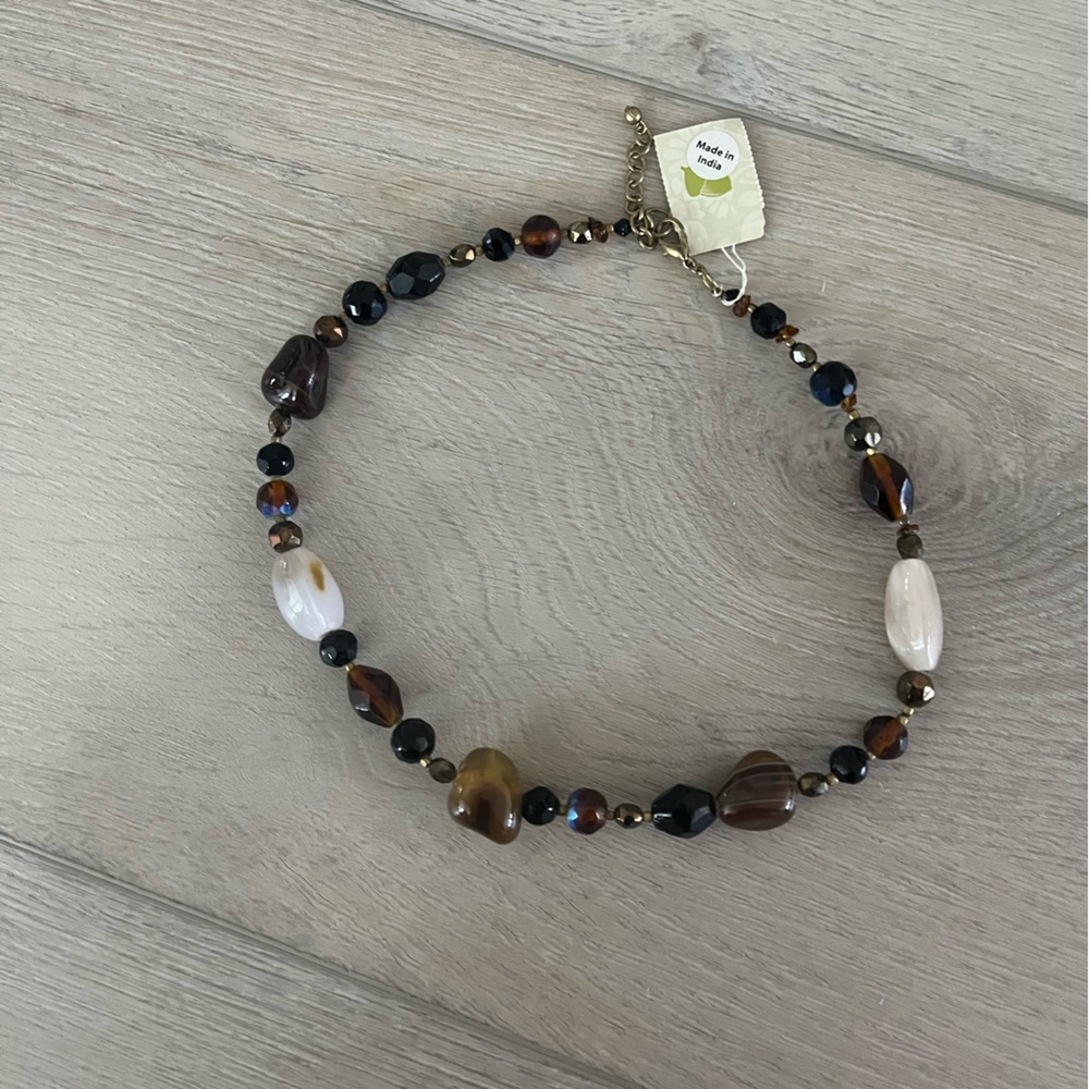NWT Beaded Necklace with Brown, Black, White Accent